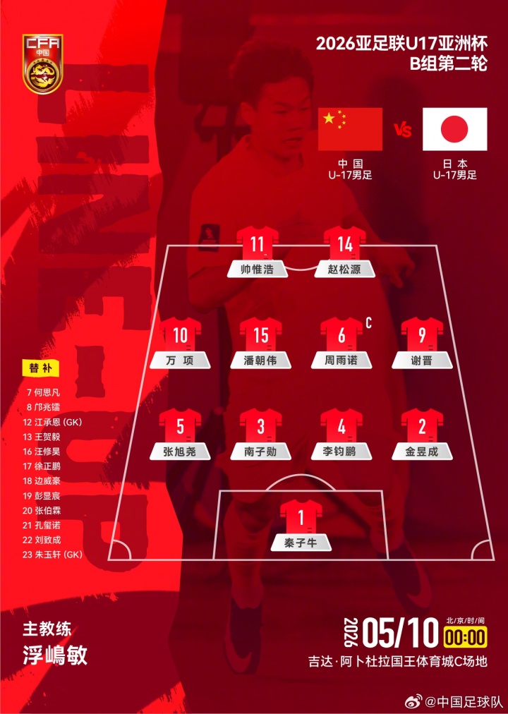 OB电竞官方网站-U17亚洲杯B组第二轮，中国U-17男足对阵日本U-17男足，首发公布